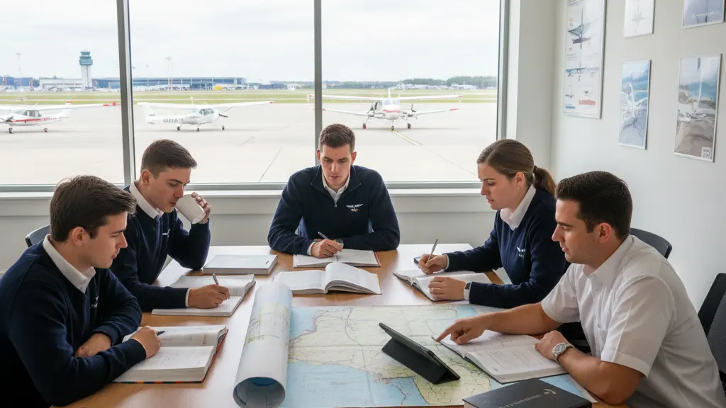 Gruppo di studenti piloti in una scuola di volo con aerei visibili fuori dalla finestra.